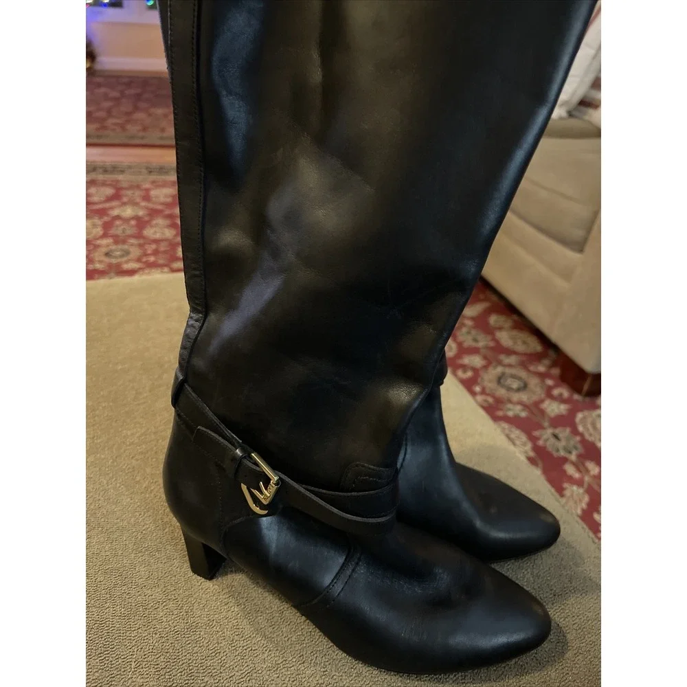 Ralph Lauren Nally Black Leather Buckle Zip Up Knee Mid Heeled Boots Size 8B (TD